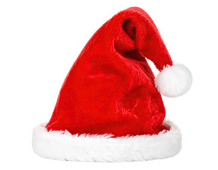 A plush, red Santa hat with a white brim and pom-pom, isolated