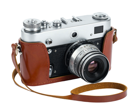 Vintage silver camera with leather case and strap