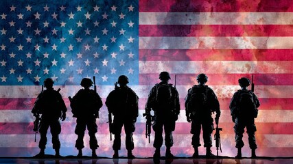 星条旗を背景に立つ兵士たちのシルエット