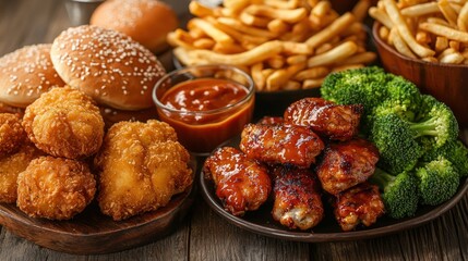 Delicious Feast - Fried Chicken, Fries, Broccoli, and Buns.