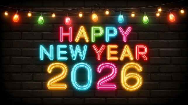 Dark modern background with neon glowing “Happy New Year 2026” and colorful party lights shining all around - Powered by Adobe