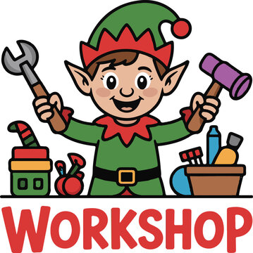 Elf Workshop Illustration. Holiday Graphic. Cute Character. Noel Graphic. Cartoon Elf Mascot.