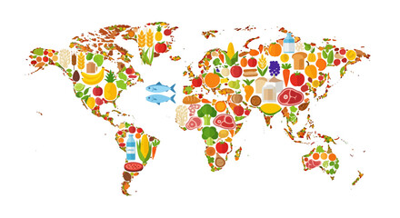 Obraz premium World map made of food items, representing global cuisine and agriculture.