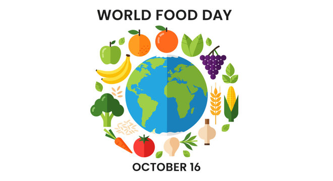 World Food Day illustration with Earth surrounded by diverse fruits, vegetables, and grains, highlighting global nutrition and healthy eating on October 16.