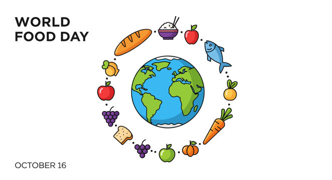 Illustration of World Food Day with a globe surrounded by various food items like bread, fruits, vegetables, and fish, set against a white background.