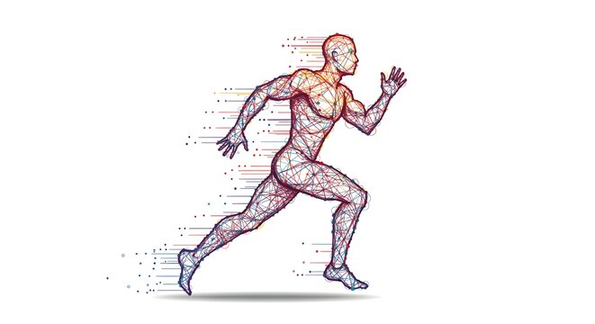 A colorful digital illustration of a muscular runner in motion, rendered with lines and dots