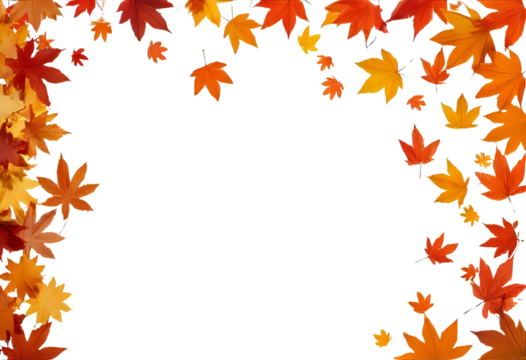 Autumn s embrace colorful leaves gently cascade creating a vibrant frame on transparent background