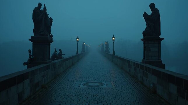 Espionage thriller scene on a foggy Prague bridge at dawn. Two shadowy figures exchange a secret envelope. Cold, tense, suspenseful, with desaturated blue cinematic lighting.