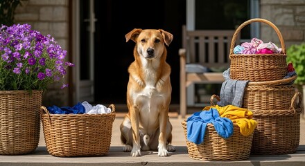 Dog guarding laundry baskets on a sunny day