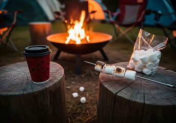 Cozy campfire scene at dusk with a steaming cup of coffee and marshmallows on a stick, ready for roasting, with tents in the background