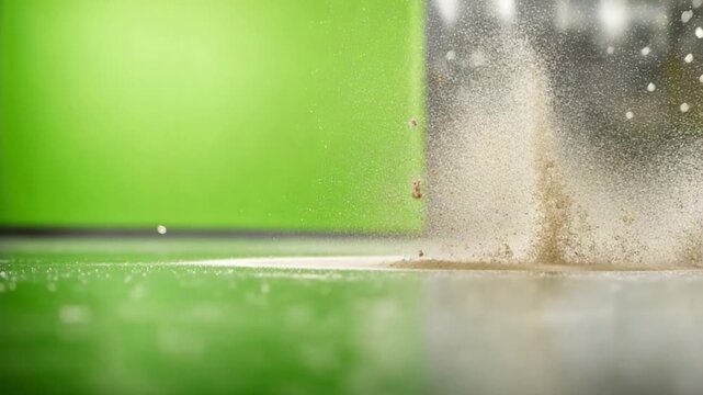 Flowing Flour on Green: The image captures a dynamic scene of flour gracefully cascading across a surface, emphasizing the textures, motion and natural flow.