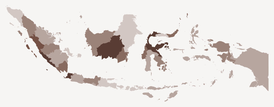 Map of Indonesia with regions. Just a simple country border map with region division. Brown color palette. Blank Indonesia shape with administrative division. Vector illustration.