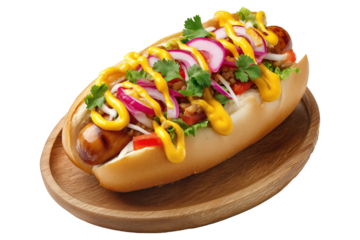 Colombia Perro Caliente Hot Dog Colombiano topped with mustard, red onions, pickles, chili, tomatoes on wooden plate, isolated on white transparent background, concept of fast food and street cuisine