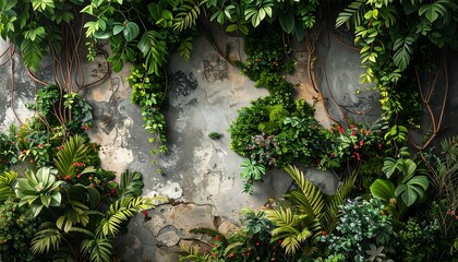 A distressed, weathered wall completely enveloped in lush, vibrant green tropical foliage and plants