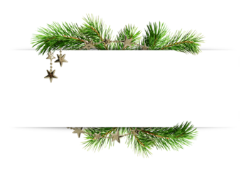 Decorative green twigs of Chrismas tree and silver garlands with empty space for text isolated on white or transparent background