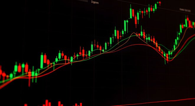 A financial stock market chart showing green and red candlesticks with curved trendlines on a dark background - Powered by Adobe