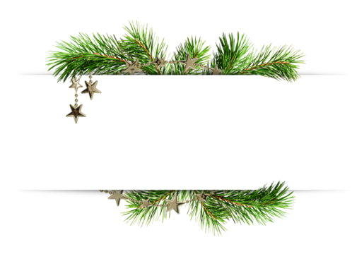 Decorative green twigs of Chrismas tree and silver garlands with empty space for text isolated on white or transparent background