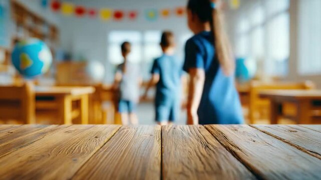 The School Day: A wooden table sets the stage, as the blurry figures of young students and a teacher fill the classroom, surrounded by objects of learning and fun.