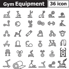 Obraz premium Gym Equipment Line Icon Set – 36 Modern Fitness Vector Icons of Exercise Machines, Dumbbells, Barbells, Yoga Mats, and Workout Tools, Minimal Outline Design Collection for Gym, Sports, and Health Illu