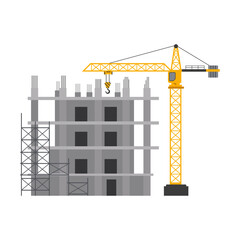 Building construction with tower crane. Vector illustration.