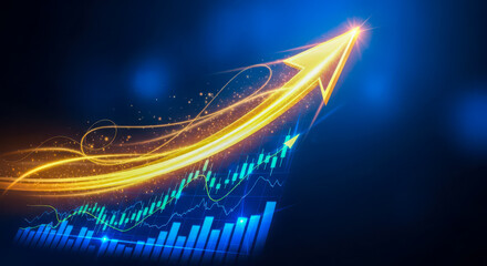 Glowing golden arrow moving up over financial stock market graph on blue background, business growth, investment success and profit concept illustration