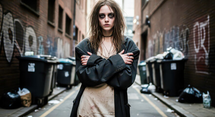 Homeless drug addict woman standing in dirty urban alley with garbage bins, young desperate person in poverty and depression with messy makeup