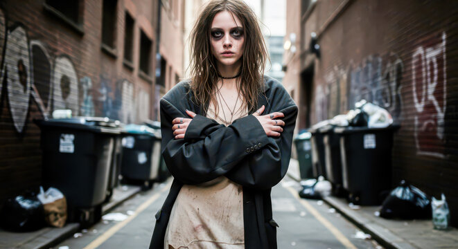 Homeless drug addict woman standing in dirty urban alley with garbage bins, young desperate person in poverty and depression with messy makeup