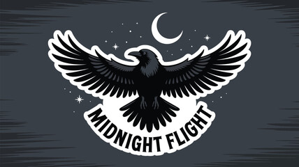 Obraz premium Mysterious raven with outstretched wings under a starry night sky and crescent moon