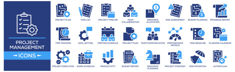 Project Management icon set. Containing design Project Plan, Task List, Project Timeline, Team Collaboration, Action Plan. Solid icon collection. © amsyar