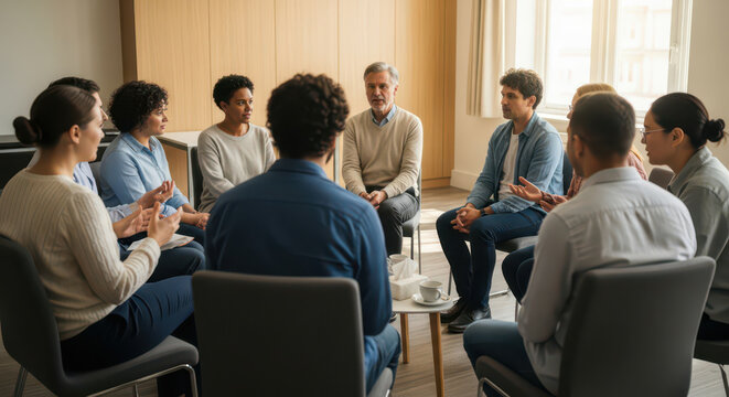 Diverse group of people sitting in circle during group therapy session, men and women talking about problems in support meeting