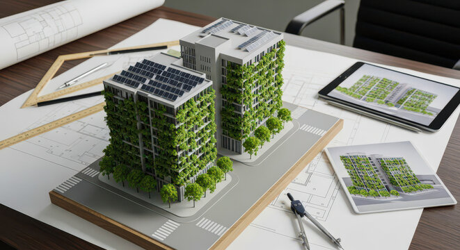 Architectural model of sustainable green building with solar panels and vertical garden on desk with blueprints, eco friendly architecture concept