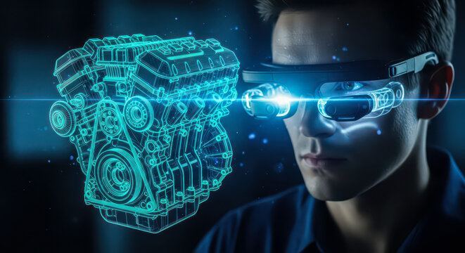 Engineer using augmented reality glasses to view holographic 3d model of car engine, futuristic technology in industrial design and development - Powered by Adobe
