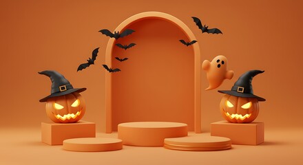 Halloween Product Display with Pumpkins and Bats