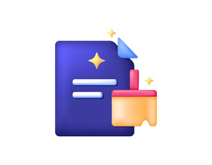 A concept of a cache and junk file cleaner. Space freer, RAM memory cleanup. Deleting documents. Illustration of a file document and a broom or brush. 3D style design. Element, symbol, icon