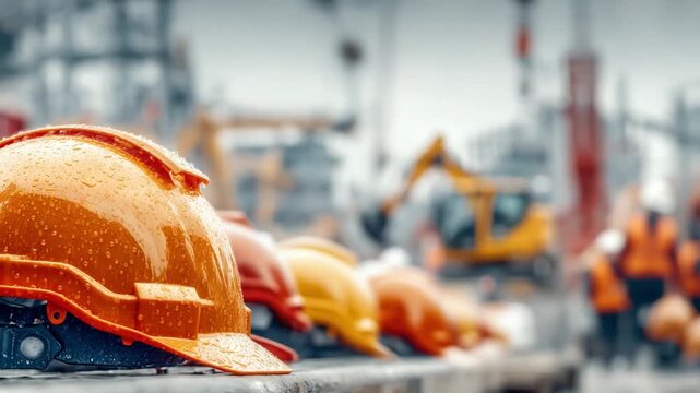Safety First: A row of rain-covered construction hard hats on a construction site, emphasizing the importance of safety measures on the job