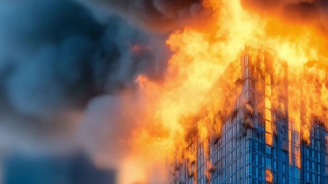 Fiery Inferno: A skyscraper is engulfed in flames, with smoke billowing as the fire consumes the building's facade, creating a dramatic and destructive scene.