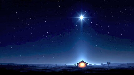 Postal navideña, estrella de Belen sobre el portal