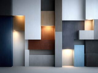 Contemporary design background with modular blocks, textured surfaces and warm illumination.