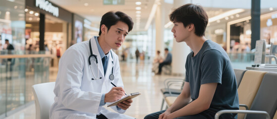 Obraz premium Asian doctor consulting young man in public healthcare event, physician providing medical assistance and writing notes in shopping mall, community health service concept