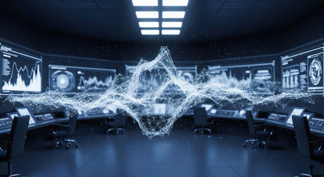 Futuristic control room with holographic data visualization and multiple screens, big data analysis concept for business or financial trading center