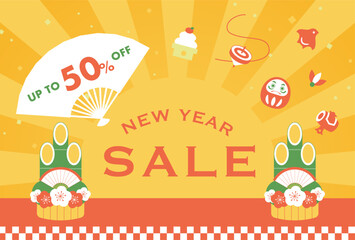Japanese style new years vector background with a set of traditional lucky charms