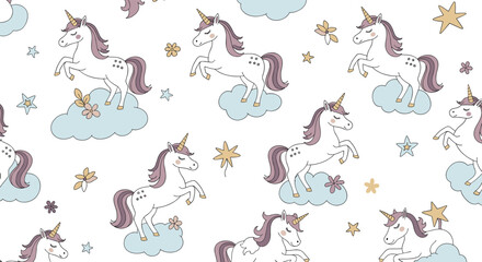 Obraz premium A whimsical collection of magical unicorns prancing among fluffy clouds and sparkling stars.