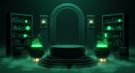 Mystical Cauldron Chamber A Fantasy Scene with Green Lights