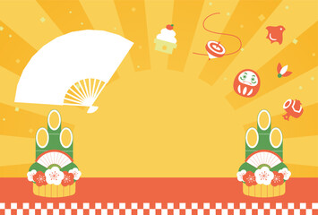 Japanese style new years vector background with a set of traditional lucky charms