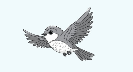 Obraz premium A small gray and white bird with outstretched wings flies in a light blue sky.