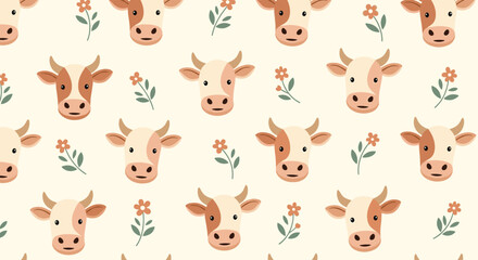 Fototapeta premium A cute pixel art pattern featuring cow faces and delicate floral elements.