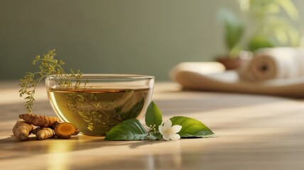 Panchakarma therapy concept featuring glass bowl with herbal oil and fresh Ayurvedic herbs for healing massage, copy space