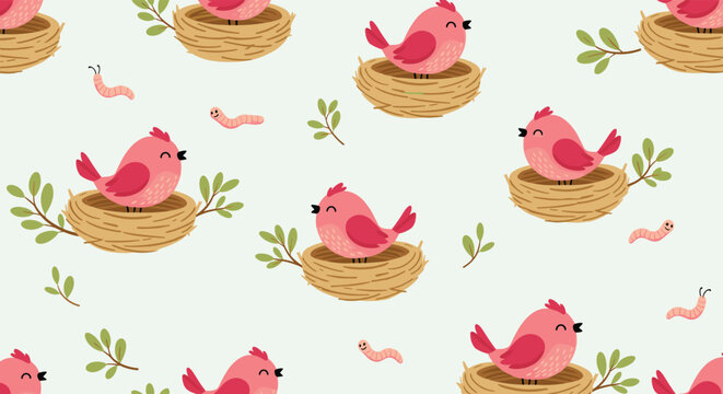 Cute pink birds in nests with little worms and green leaves.