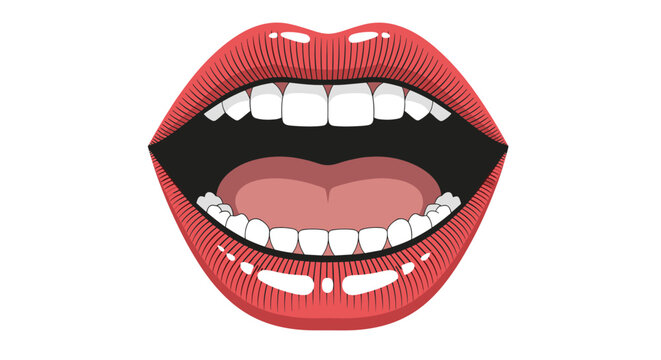A pair of bright red lips open wide showing pearly white teeth.