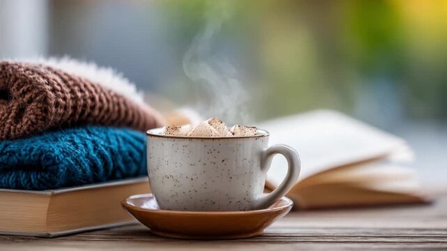 Cozy Moments with Book and Warm drink: A heartwarming tableau of comfort unfolds, featuring a steaming cup of coffee next to a stack of warm woolens and a good book.